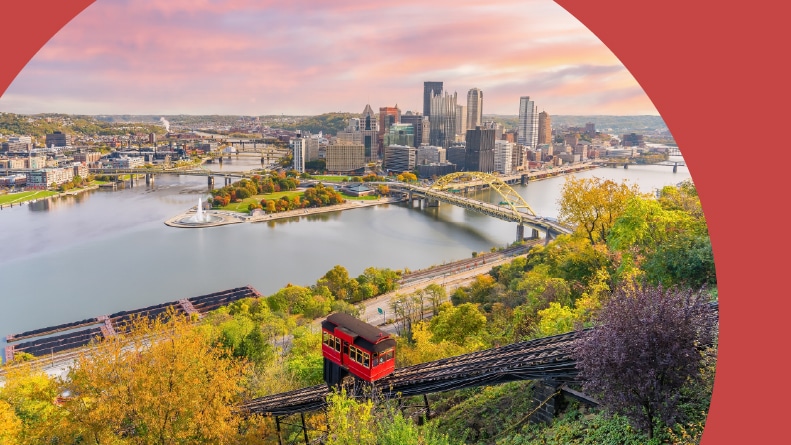 Cityscape of downtown skyline and vintage incline in Pittsburgh, Pennsylvania.