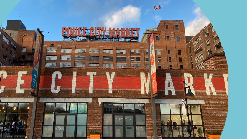 Ponce City Market, a repurposed vintage factory building, now a hip shopping and restaurant destination in Atlanta, Georgia.