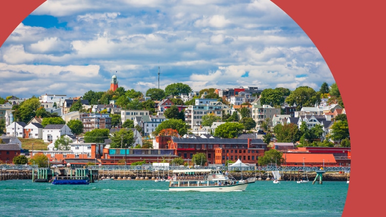 The coastal townscape of Portland Harbor in Portland, Maine.