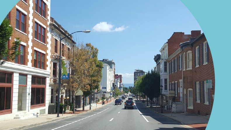 A downtown street in Hagerstown, Maryland.