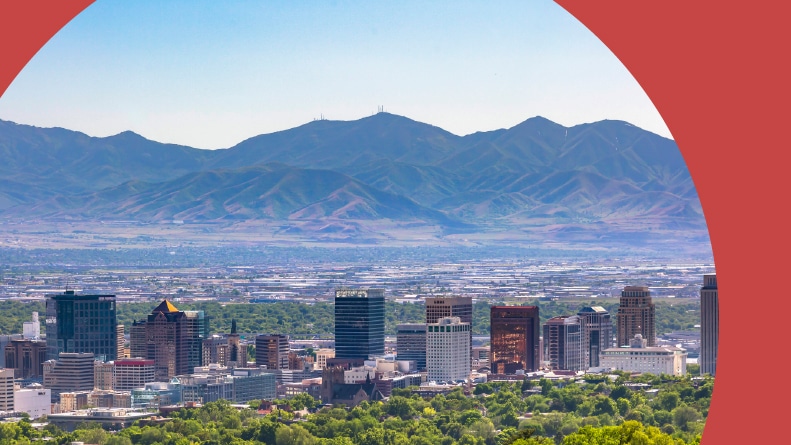 Aerial view of the mountains and Salt Lake City, Utah.