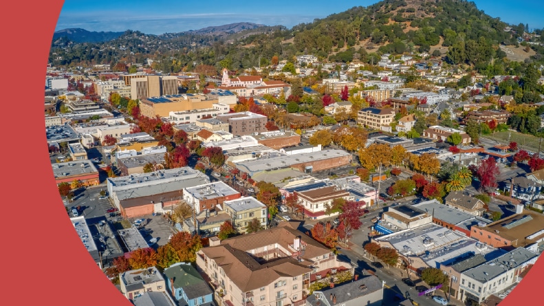 Aerial view of the Bay Area suburb of San Rafael, California.