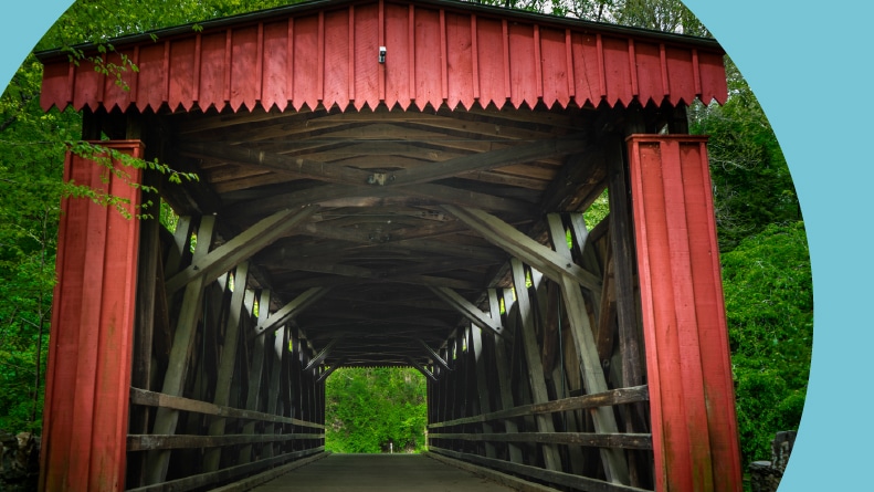 The Thomas Mill covered bridge in Wissahickon Valley Park in Philadelphia.