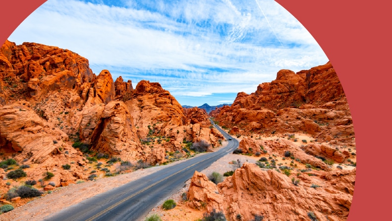 A road through the Valley of Fire State Park south of Overton, Nevada in the Mojave Desert, near Las Vegas.