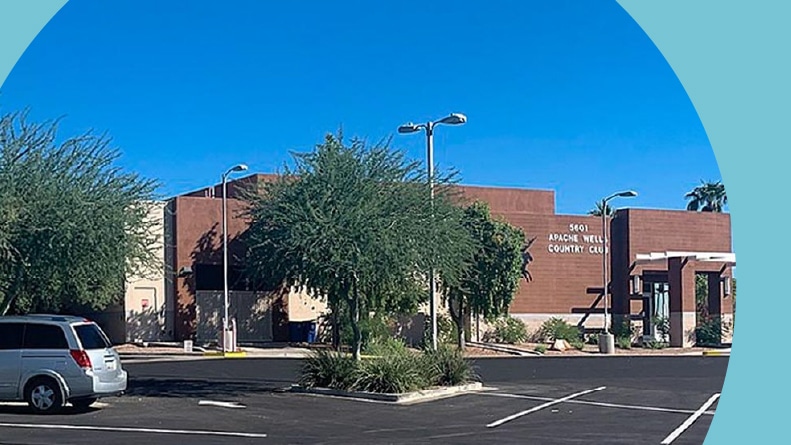 Exterior view of the country club at Apache Wells in Mesa, Arizona.