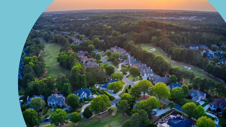 Aerial view of a suburb with a golf course outside of Atlanta, Georgia.