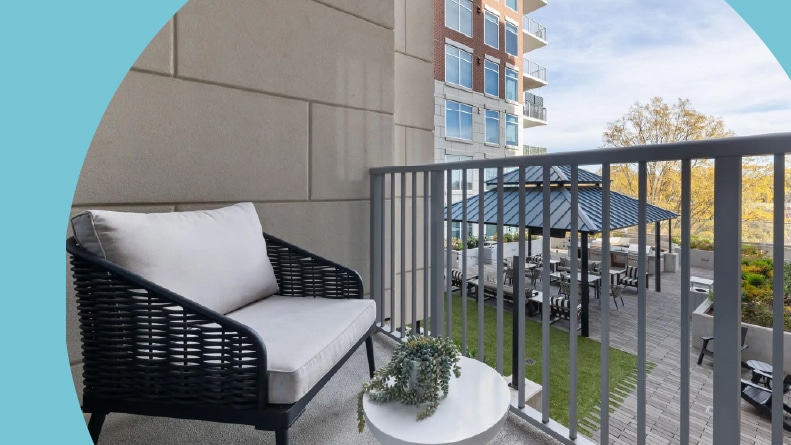 An apartment balcony at Element SouthPark in Charlotte, North Carolina.