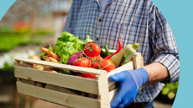 A 55+ man holding a wooden box full of vegetables harvested from a garden.