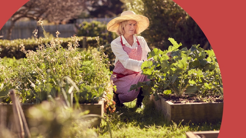 A 55+ woman among the raised beds in her vegetable garden.
