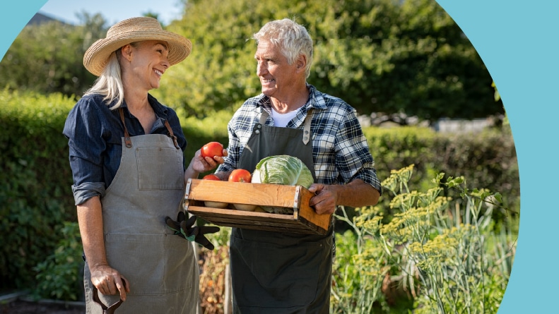 A 55+ couple smiling while harvesting vegetables from their garden.