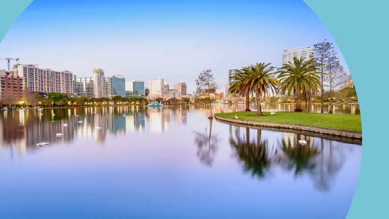 View across the water at Lake Eola Park in Orlando, Florida.