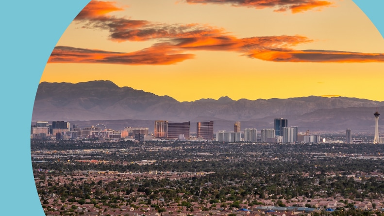 Panorama cityscape view of Las Vegas at sunset in Nevada, United States of America.