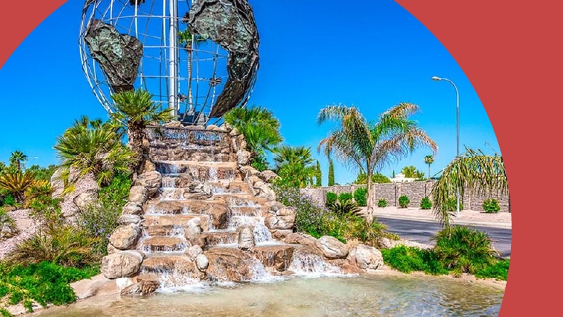 Globe on top of a water feature at Leisure World in Mesa, Arizona.