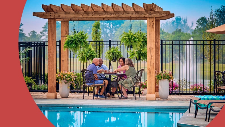 Residence lounging beside the pool at Magnolia Meadows in Sheffield Village, Ohio.