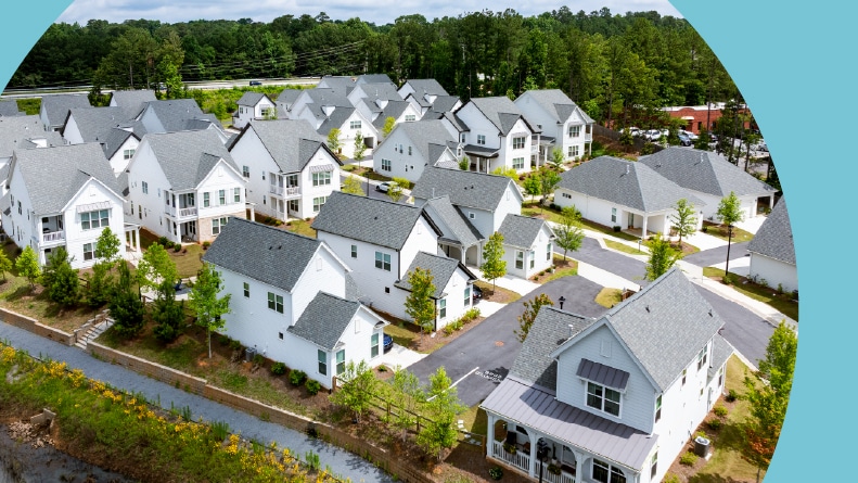 Aerial view of homes at Hayloft Suwanee in Suwanee, Georgia.
