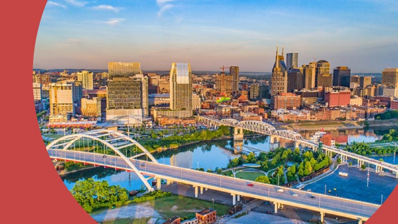 Aerial view of Downtown Nashville, Tennessee.
