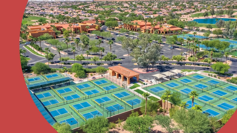 Aerial view of the sports courts at PebbleCreek in Goodyear, Arizona.