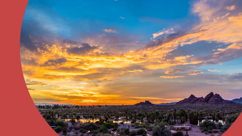 The sun sets over Papago Park in Phoenix, Arizona.