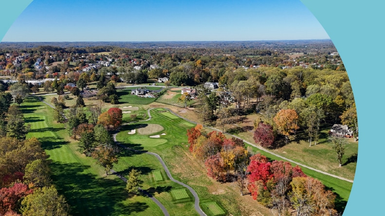 Residential communities near a golf course in the colorful fall in West Chester, suburb of Philadelphia, Pennsylvania.