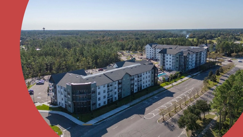 Aerial view of the apartment buildings at Rise at Nocatee in St. Johns, Florida.
