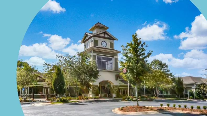 The clocktower at the entrance to Sun City Peachtree in Griffin, Georgia.