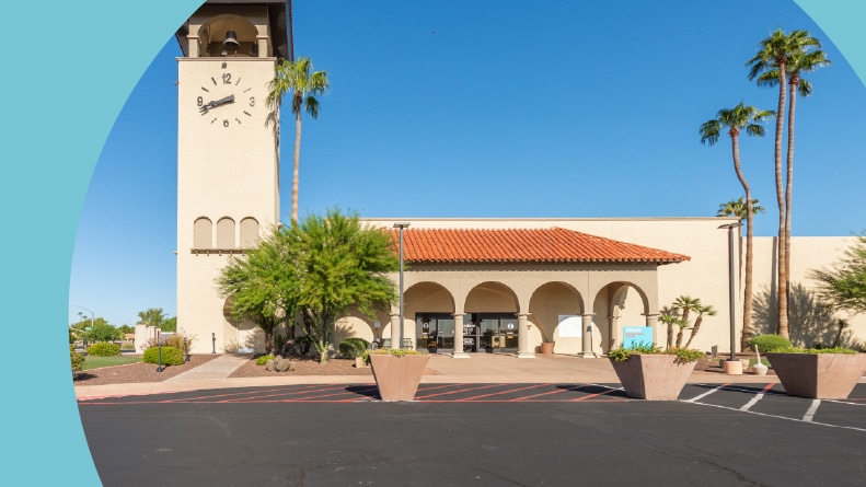 The clock tower beside the clubhouse at Sun City West in Sun City West, Arizona.