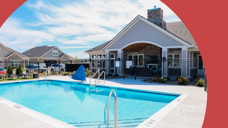 The pool beside the clubhouse at The Courtyards at Parkside in Waukee, Iowa.
