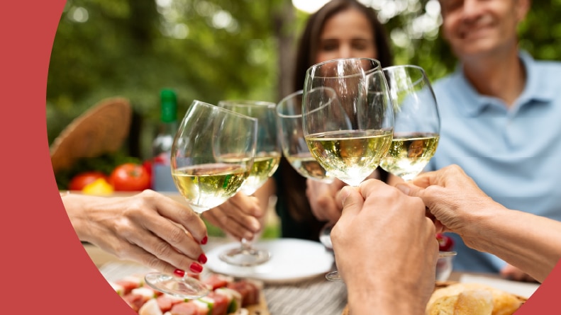 A group of 55+ friends toasting with glasses of white wine at a picnic table.