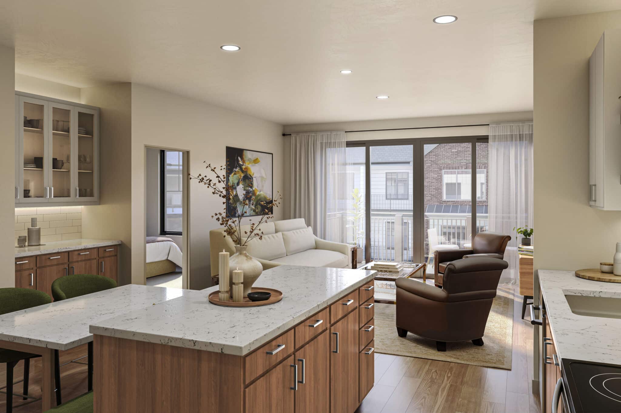 Unit Kitchen with Living Room View