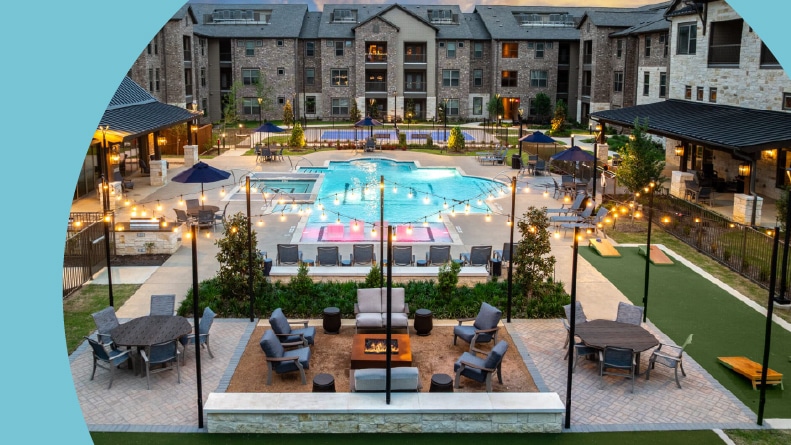 Aerial view of the amenities at Alders Prosper in Prosper, Texas.