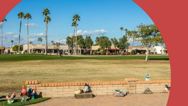 Palm trees on the grounds of Apache Wells in Mesa, Arizona.