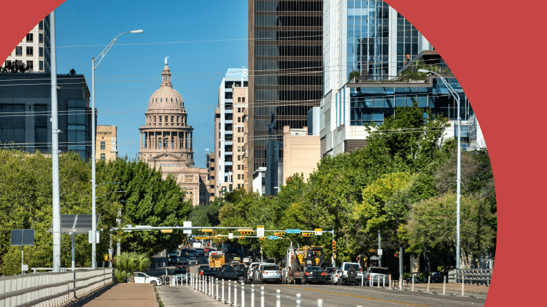 View down Congress Avenue of the State Capitol in Austin, Texas.