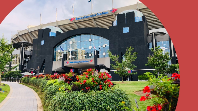 The entrance to Bank of America Stadium, home of the Carolina Panthers, near Downtown Charlotte.
