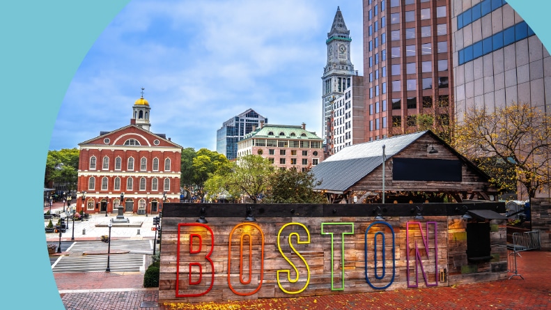 Faneuil Hall square and a cityscape view in Boston, Massachusetts.