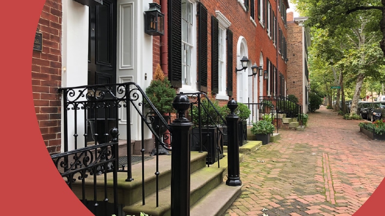 A row of brownstone houses.