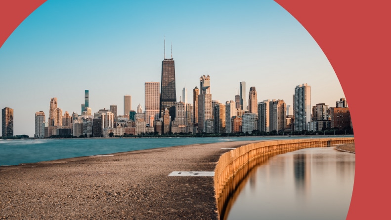 View from the lakefront of the Chicago skyline at sunset.