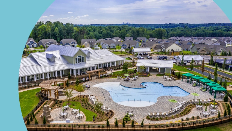 Aerial view of the clubhouse and amenities at Cresswind Charlotte in Charlotte, North Carolina.