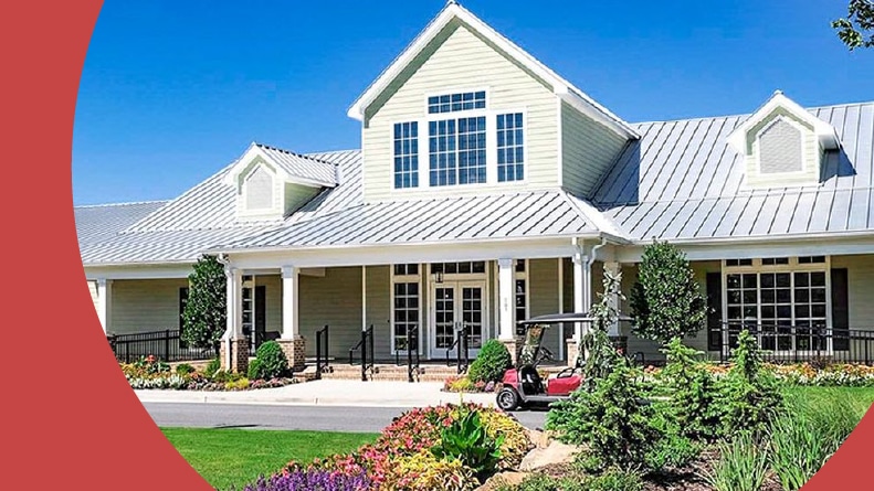 A golf cart outside the clubhouse at Cresswind Peachtree City in Peachtree City, Georgia.