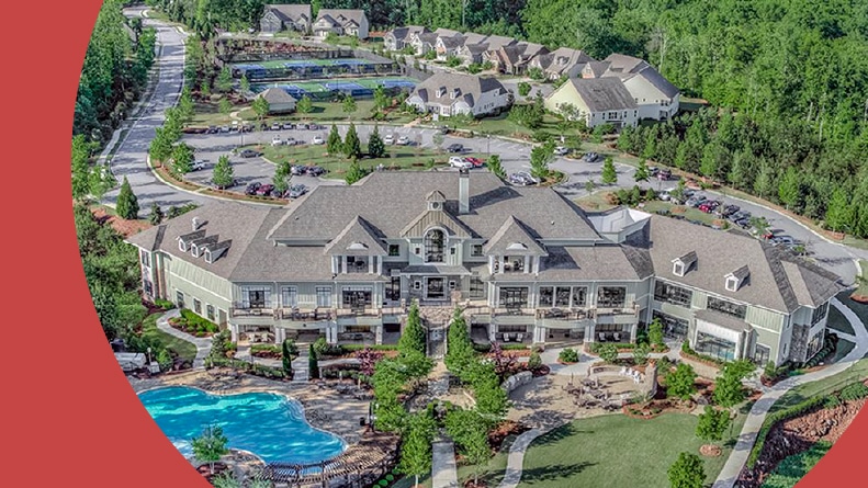 Aerial view of the homes and amenities at Cresswind at Lake Lanier in Gainesville, Georgia.