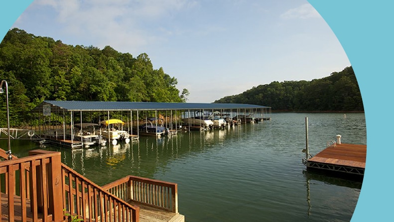 Boats docked on the lake at Cresswind at Lake Lanier in Gainesville, Georgia.