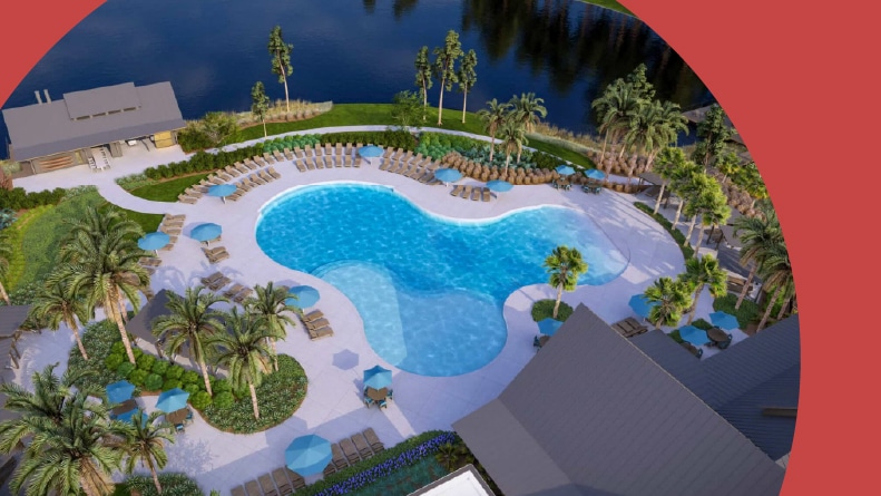 Rendering of an aerial view of the outdoor pool at Del Webb Savannah at Heartwood in Richmond Hill, Georgia.