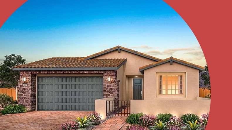 Rendering of an exterior view of a model home at Del Webb at Lake Las Vegas in Henderson, Nevada.