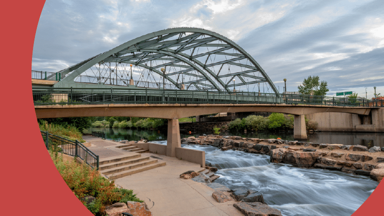 Confluence Park in Downtown Denver, Colorado, where Cherry Creek meets the South Platte River.