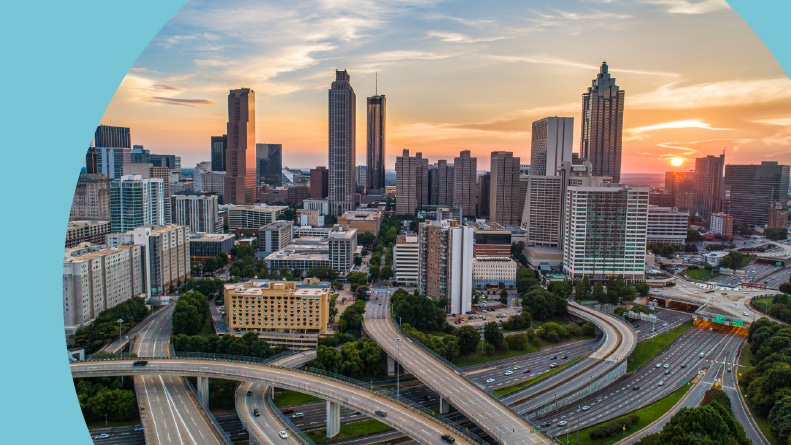 A sunset over Downtown Atlanta, Georgia.
