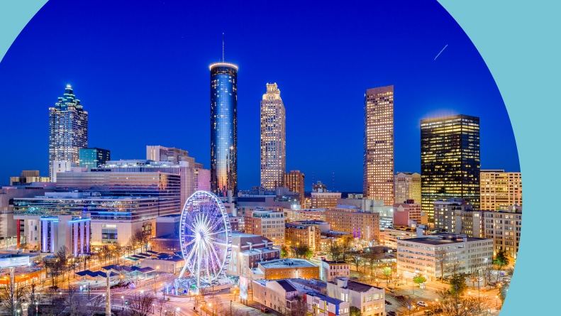 The downtown city skyline of Atlanta, Georgia at night.
