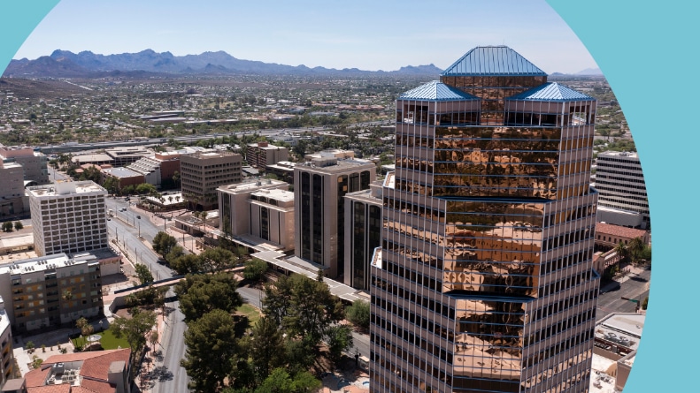 Aerial view of the skyscrapers of Downtown Tucson, Arizona.