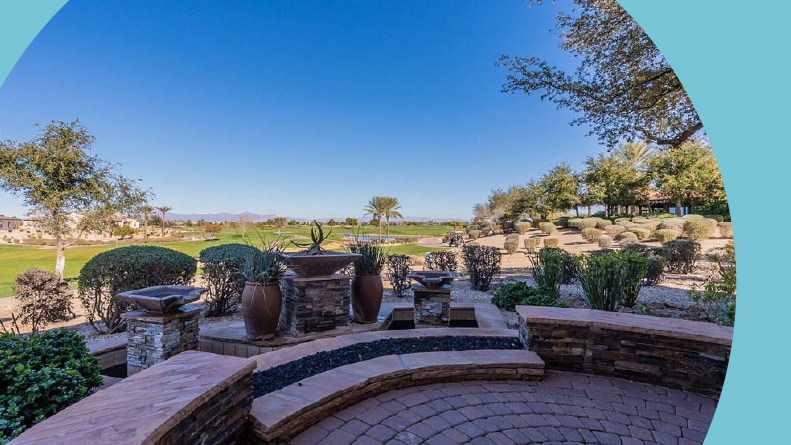 A terrace overlooking the grounds of Encanterra in Queen Creek, Arizona.