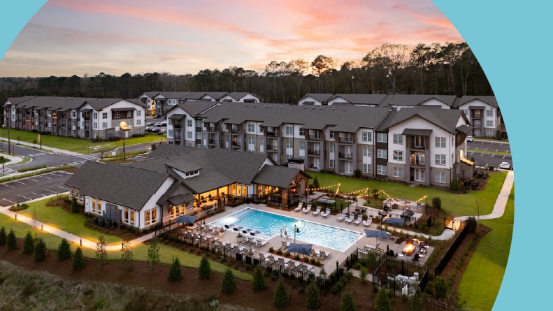 Aerial rendering of the attached homes and amenities at RENDER Stockbridge in Stockbridge, Georgia.