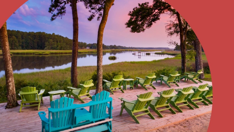 A row of outdoor chairs at Kingfish Bay Development in Calabash, North Carolina.