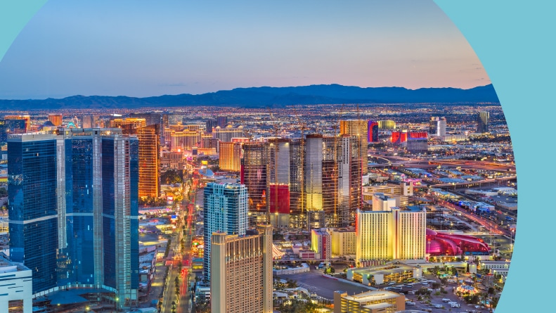 Aerial view of the Las Vegas Strip at dusk.